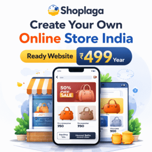 Shoplaga ready-made online store for Indian sellers, showing laptop and smartphone with mobile-friendly e-commerce interface, highlighting ₹499/year pricing, COD & UPI payment support, and modern professional design.